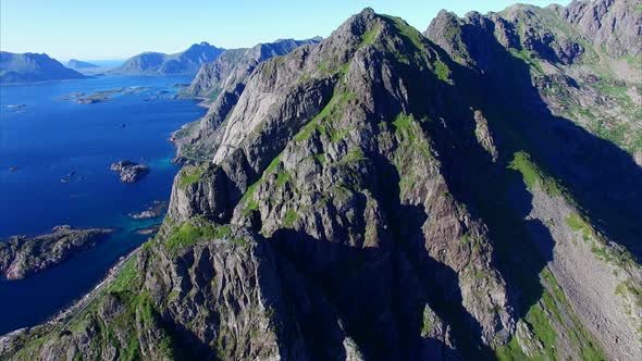 Peaks on Lofoten, Norway, aerial view