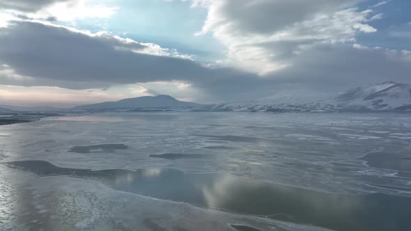 Aerial view of frozen Lake Paravani. The largest lake in Georgia