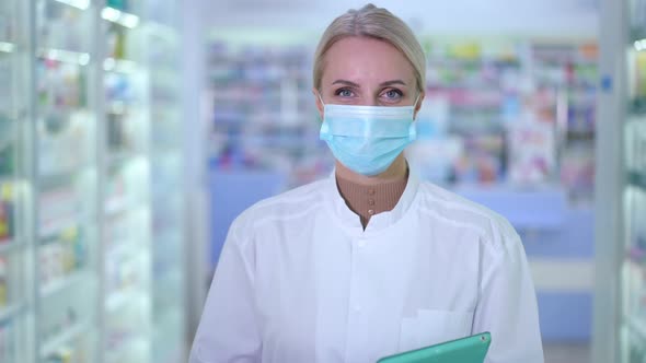 Portrait of Smiling Woman in Covid Face Mask Looking at Camera Standing with Tablet in Pharmacy