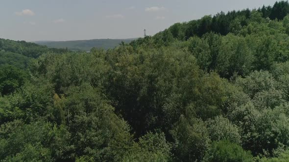 AERIAL: Flyby over trees revealing a rolling, rural landscape on a summer day.