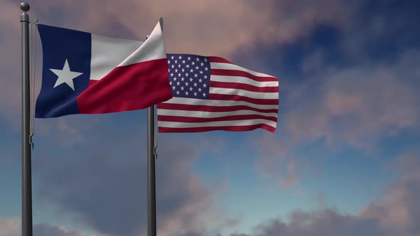 Texas State Flag Waving Along With The National Flag Of The USA - 4K
