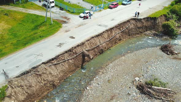 Aerial View Road in the Village Which Was Destroyed By a Flood on the River. The Asphalt Road Which