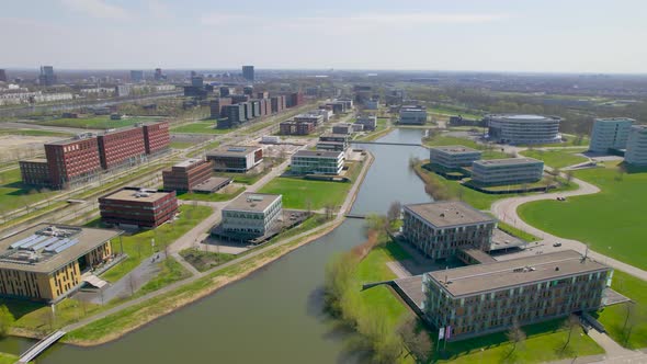 Aerial view over office buildings in Utrecht, Netherlands