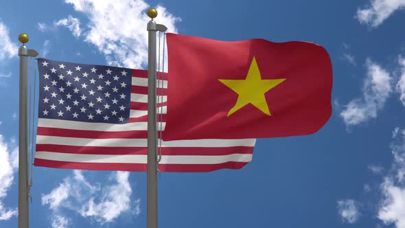 Usa Flag Vs Vietnam Flag On Flagpole