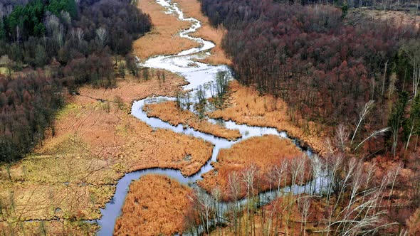 Small winding river between brown swamps, aerial view