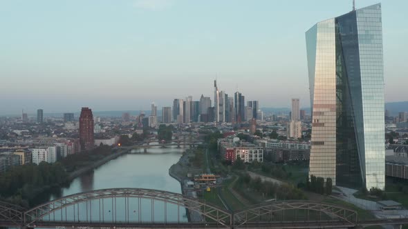 European Central Bank in Early Morning Sunlight Reflection and Frankfurt Am Main Skyscrapers in