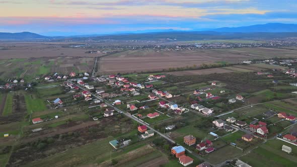 Aerial View Europe Autumn Village with Natural Landscape Fields