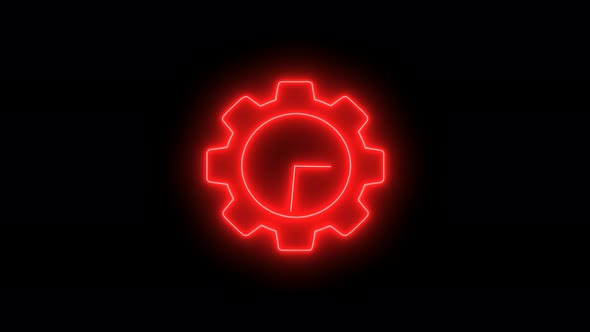 Gear Design Red Neon Light Clock Isolated On Black Background