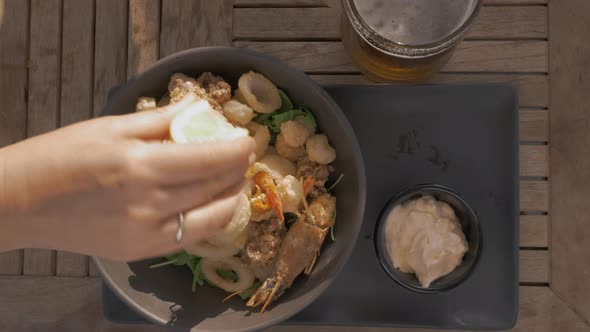 Mixed seafood tempura with served with beer