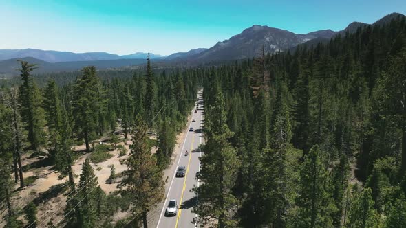 Winding road in the forest of Lake Tahoe during summer day
