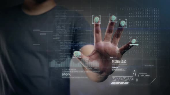 Man Scanning Fingerprint to Access Data. Future Digital World Concept 