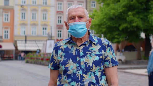 Covid19 Lockdown Senior Stylish Tourist Man Grandfather Wearing Protective Mask on City Street