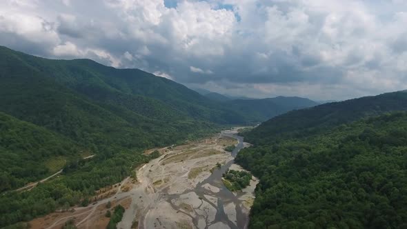 Aerial View on River Valley in Caucasian Mountains