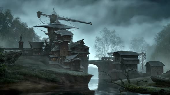 Fantasy settlement with a bridge over the flowing creek. Fabulous scenery. HD