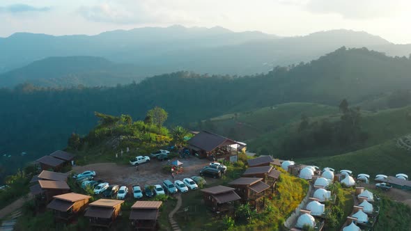 Aerial View of Camping Grounds and Tents on Doi Mon Cham Mountain in Mae Rim, Chiang Mai Province