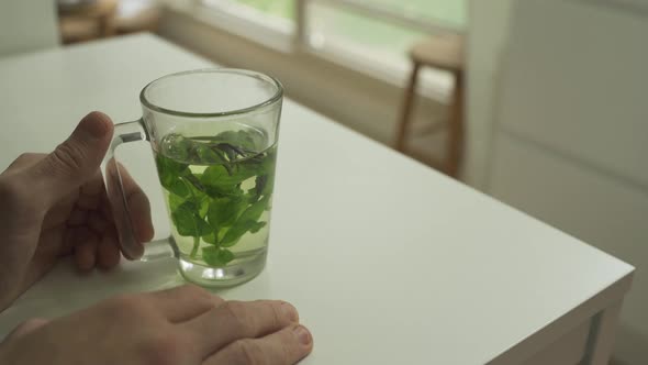 Hands on table with herbal tea in a glass in cozy home with garden