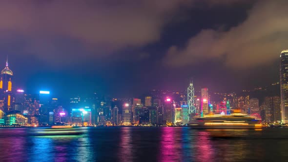 Night Imelapse of Illuminated Hong Kong Skyline