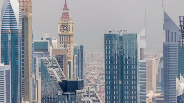 Dubai International Financial Centre District with Modern Skyscrapers Timelapse