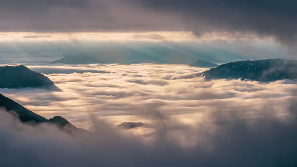 Mystic Mountain Hidden in Dramatic Clouds Sky in Alpine Nature