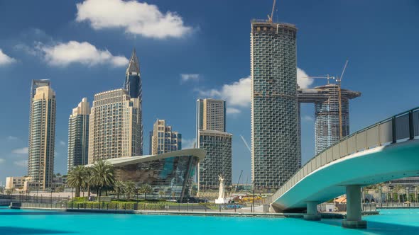 Burj Park with Fountain Pool and Bridge Timelapse