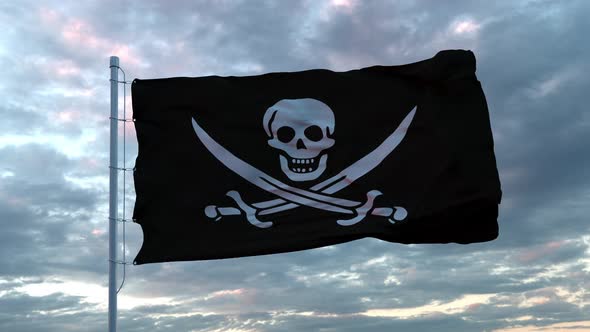 Realistic Pirate Flag Waving in the Wind Against Deep Dramatic Sky