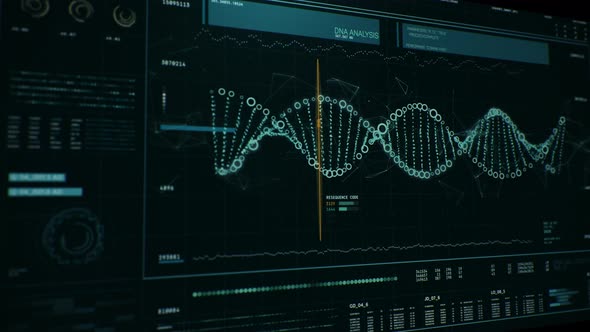 User Interface shows DNA Strand Analysis. Medical Research. Nucleic Acid Helix