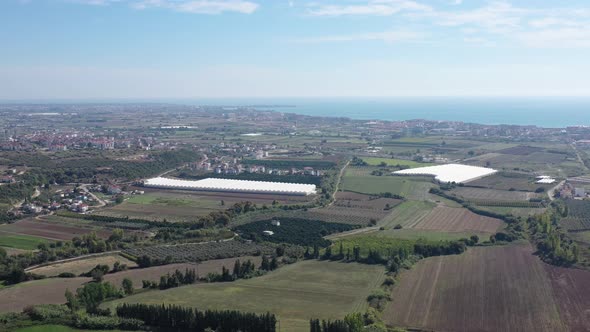 Aerial view of greenhouse in field