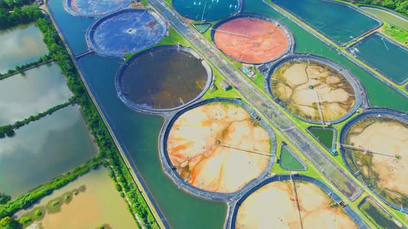 An aerial view of a drone flying over a large shrimp farm