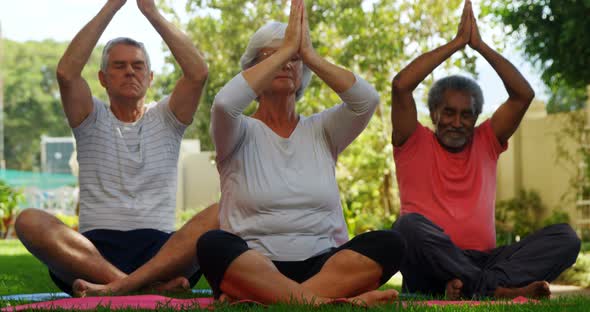 Senior friends performing yoga in garden 4k