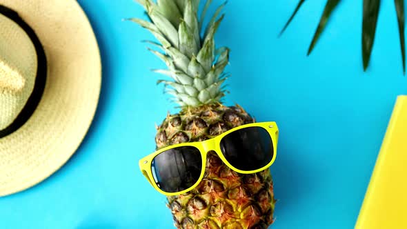 Pineapple in Sunglasses, Hat, Camera and Palm Leaf