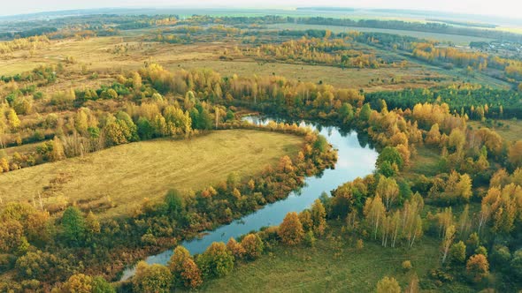 Aerial View Of Autumn River Coasts Landscape