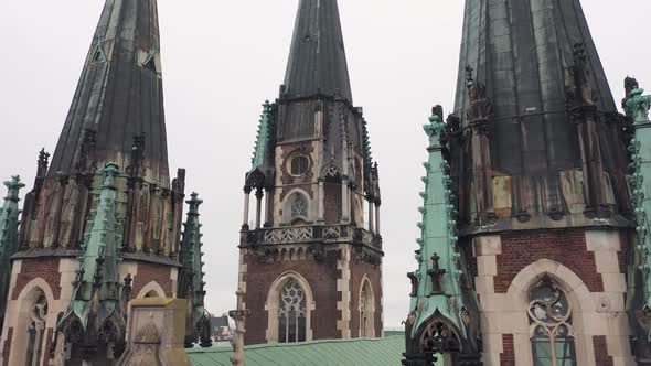 Aerial View of Historical Church of Saints Olga and Elizabeth Old Gothic Temple in Town Lviv Ukraine