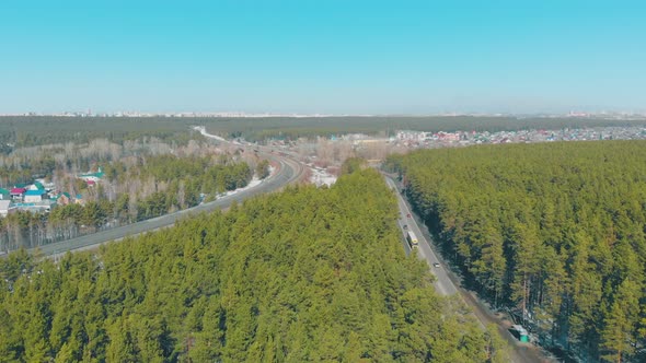 Grey Roads with Driving Cars Surrounded By Green Pine Trees