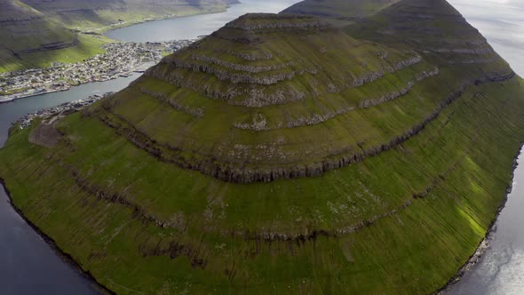 Drone Of Klakkur Mountain With Klaksvik Town Below