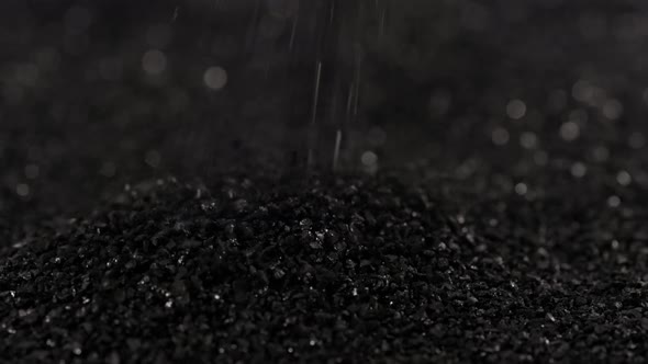 Sprinkling Black Coconut Charcoal Closeup Slomo Activated Carbon Small Fraction