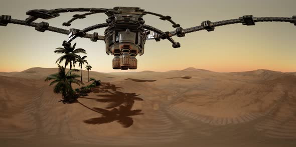 VR 360 Alien UFO Spaceship Rotate Over Desert alt