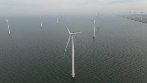 Windmills for Electric Power Production Netherlands Flevoland Wind Turbines Farm in Sea Windmill