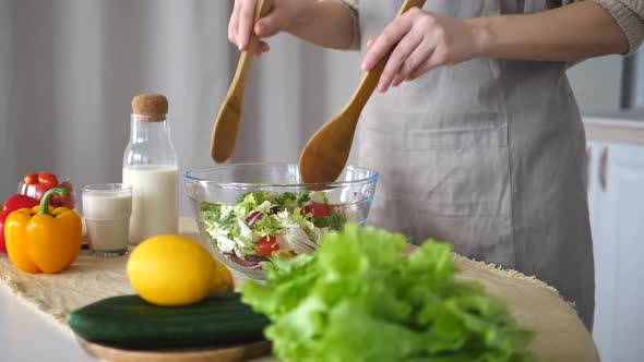 Concept Of Healthy Vegetarian And Vegan Diet. Woman Mixing Salad On Kitchen