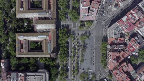Cars Driving Through Barcelona City During the Summer Bird's Eye View