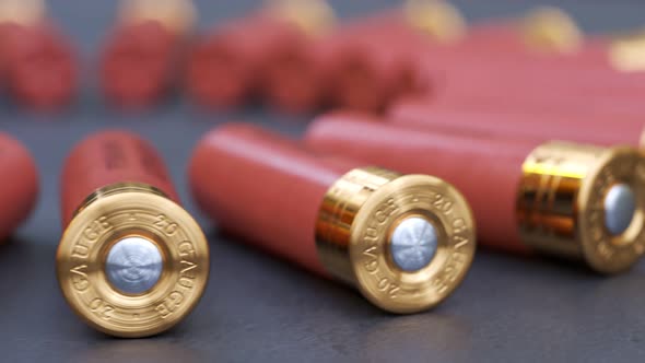 Animation with 20 gauge shotgun shells on a production line. Deadly ammo. Loop.