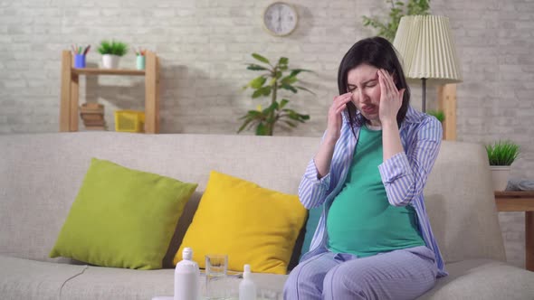 Tired Pregnant Young Woman Couch Will Experience Discomfort Headache