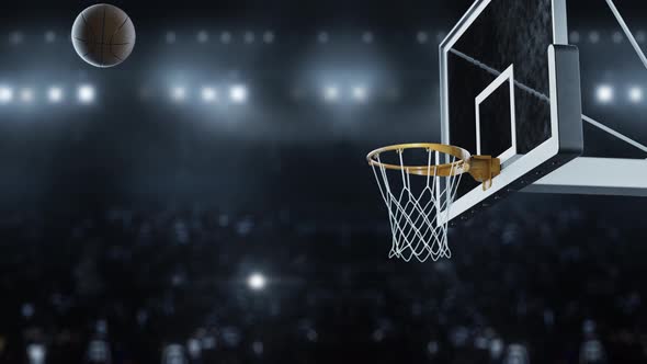 Basketball Hit the Basket in Slow Motion on the Background of Flashes of Cameras