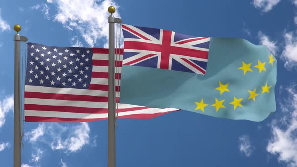 Usa Flag Vs Tuvalu Flag On Flagpole