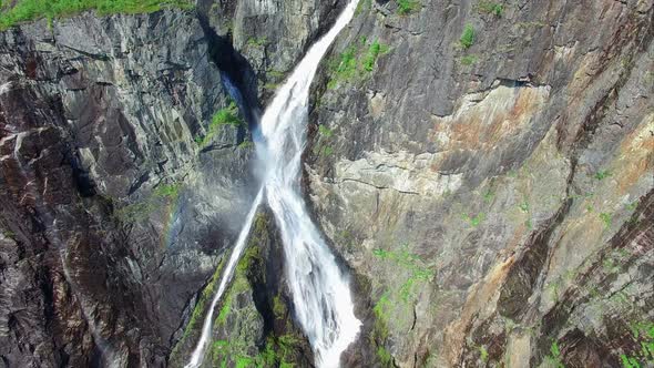 Aerial top-down view of famous Voringfossen waterfall in Norway.