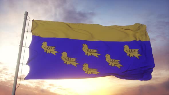 West Sussex Flag England Waving in the Wind Sky and Sun Background