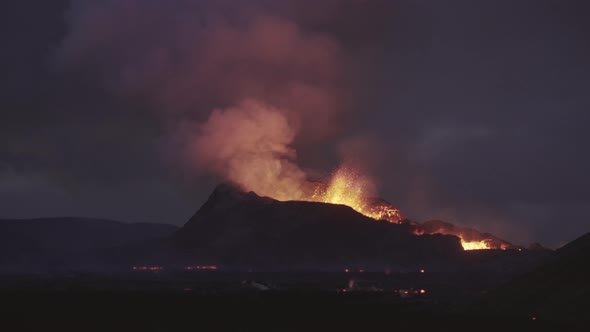 Molten Lava And Smoke Erupting From Fagradalsfjall Volcano