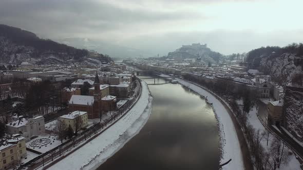 Aerial view of the Salzach River in Salzburg