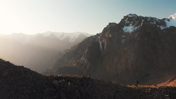 Hiker Walking at Beautiful Mountain Landscape Aerial Shot