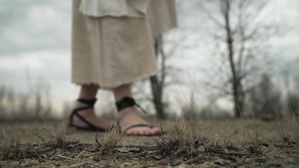 Closeup Of The Feet Of Jesus Christ Walking