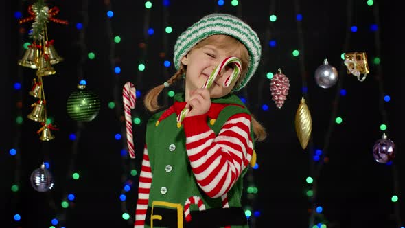 Kid Girl Christmas Elf Santa Claus Helper Costume Candy Cane Lollipop Joyful Smiling